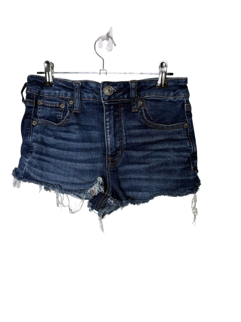 American Eagle High Rise Midi Denim Shorts Size 4 Dark Wash Distressed Fray